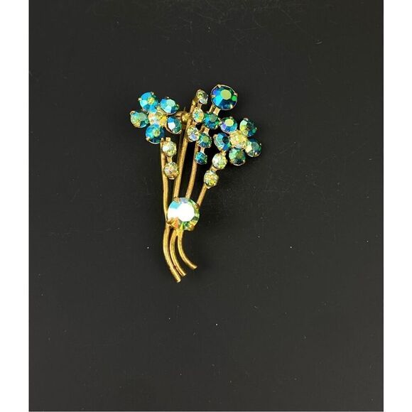 Vintage Gold Tone Blue Aurora Borealis Rhinestone Spray Flower Bouquet Brooch DT - Picture 1 of 6